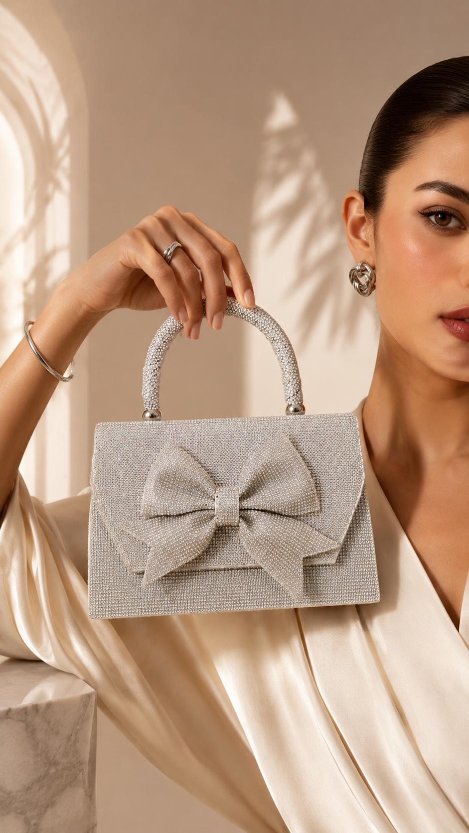 Women’s Silver/Gold Rhinestone Evening Handbag with Bow